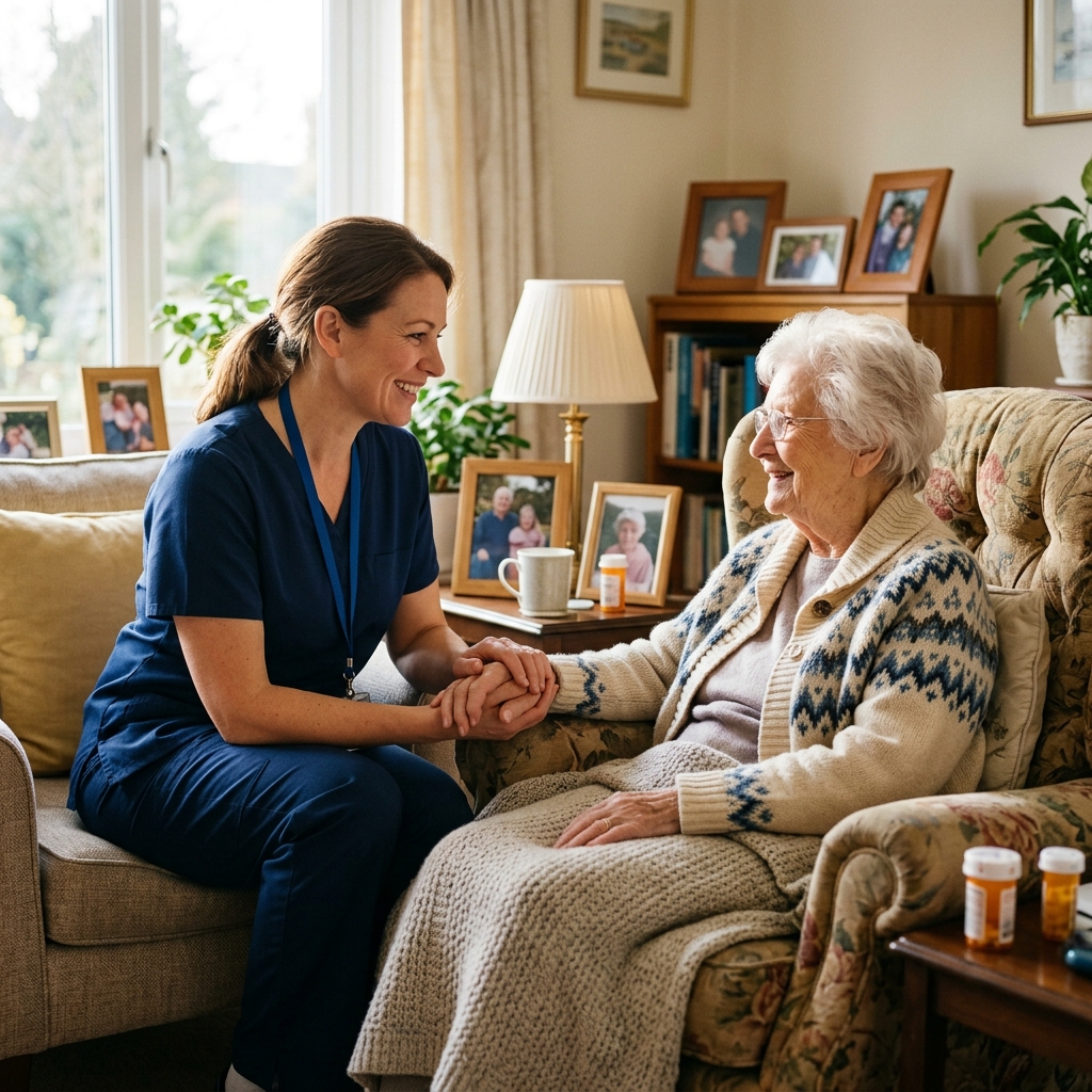 Nurse caring for elderly patient at home