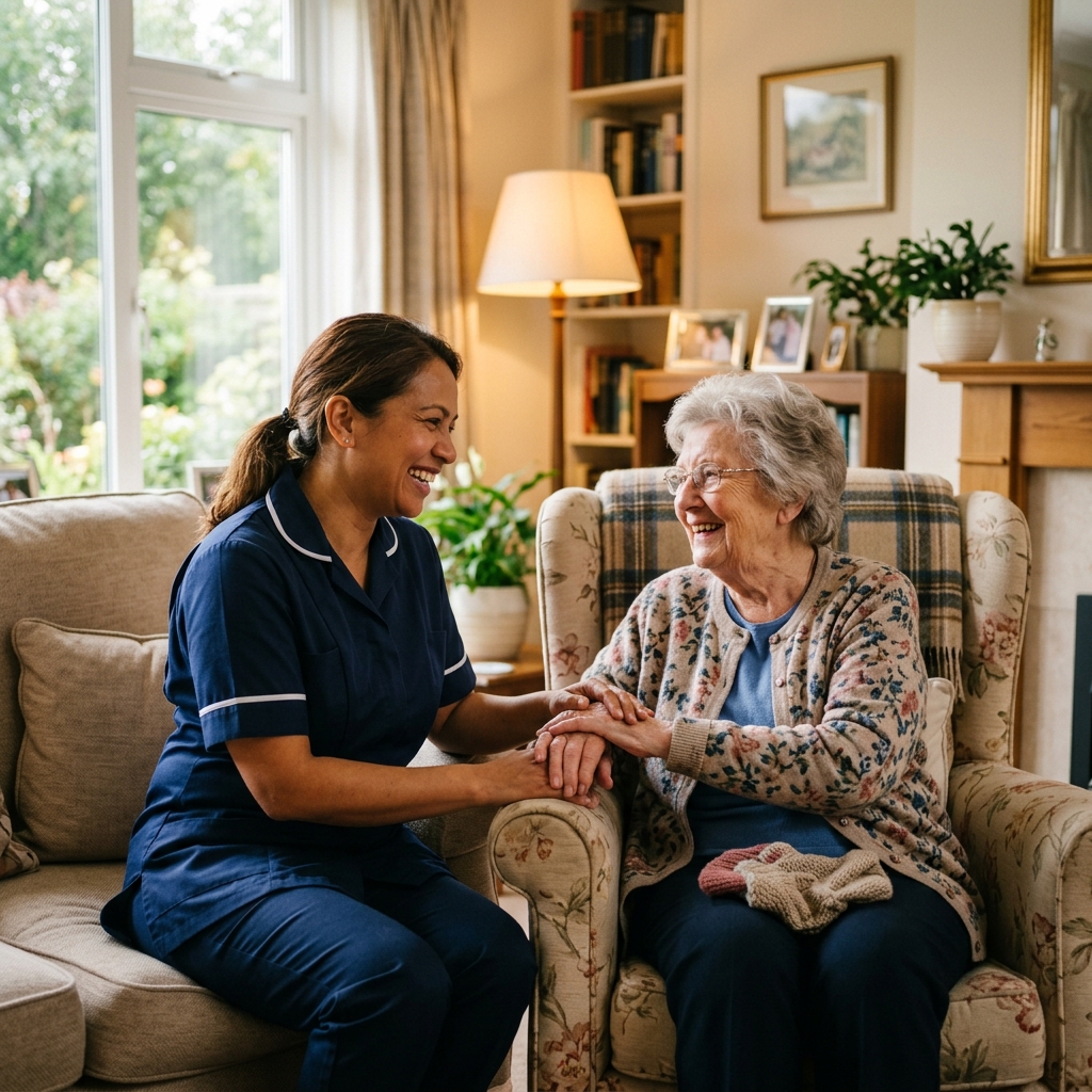 Caretaker assisting elderly patient at home